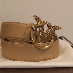 Pinko Tan Belt with Gold Bird Buckle
